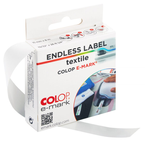 Iron-on continuous textile label for COLOP e-mark