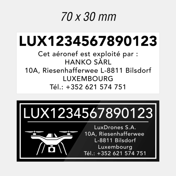 Plaque gravée personnalisée pour identification de drones - Exemples